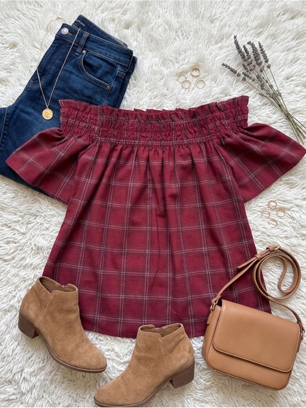 Off-Shoulder Burgundy Plaid Women's Top